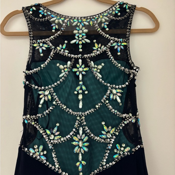 Betsy & Adam Navy and Teal Beaded Prom Dress - Picture 4 of 9